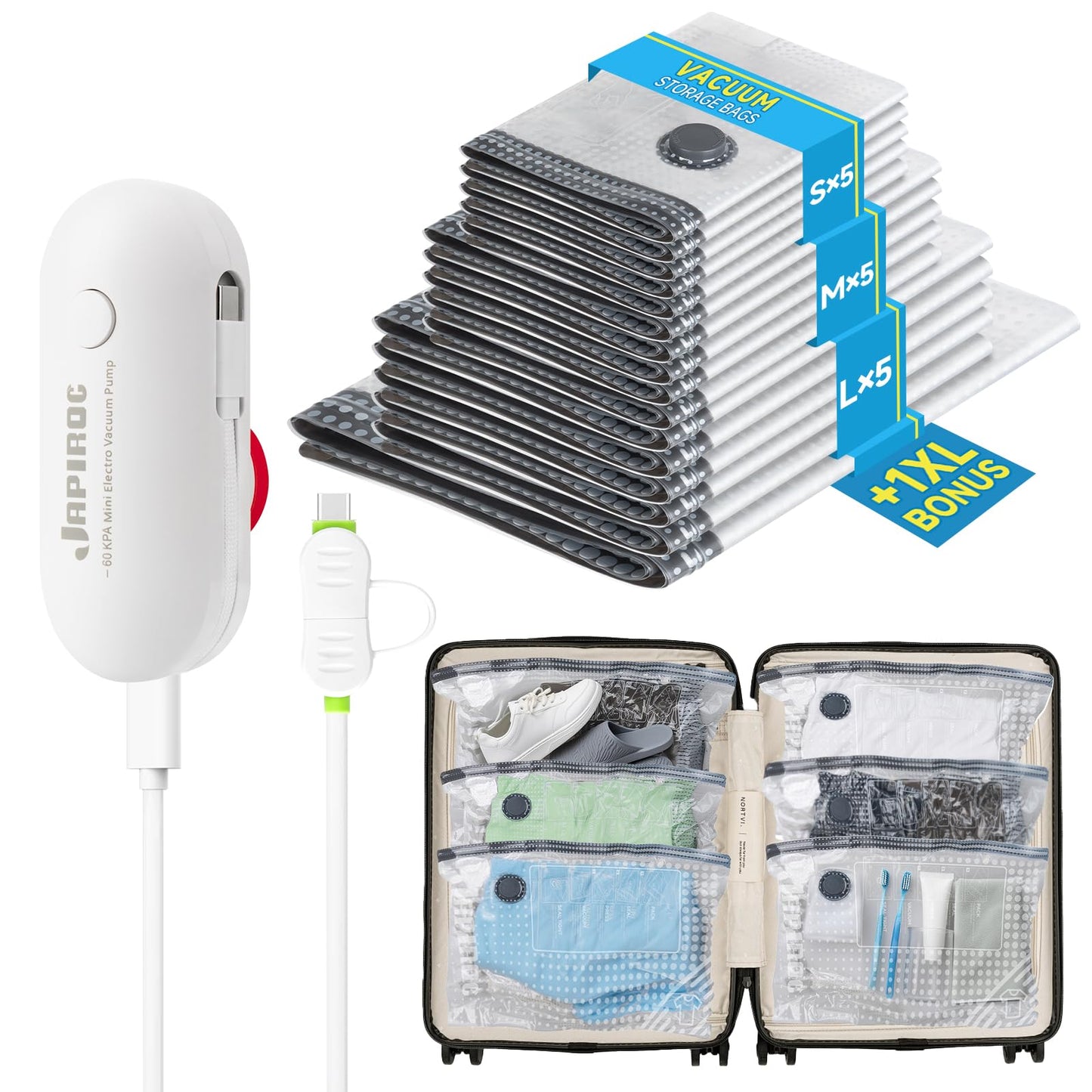 Luciteck Travel Vacuum Storage Bags with USB Powered Electric Pump, 16 Pack Vacuum Seal Bags for Clothing Travel, Space Saver Bags for Luggage, Suitcase, Backpack & Home Organization, White