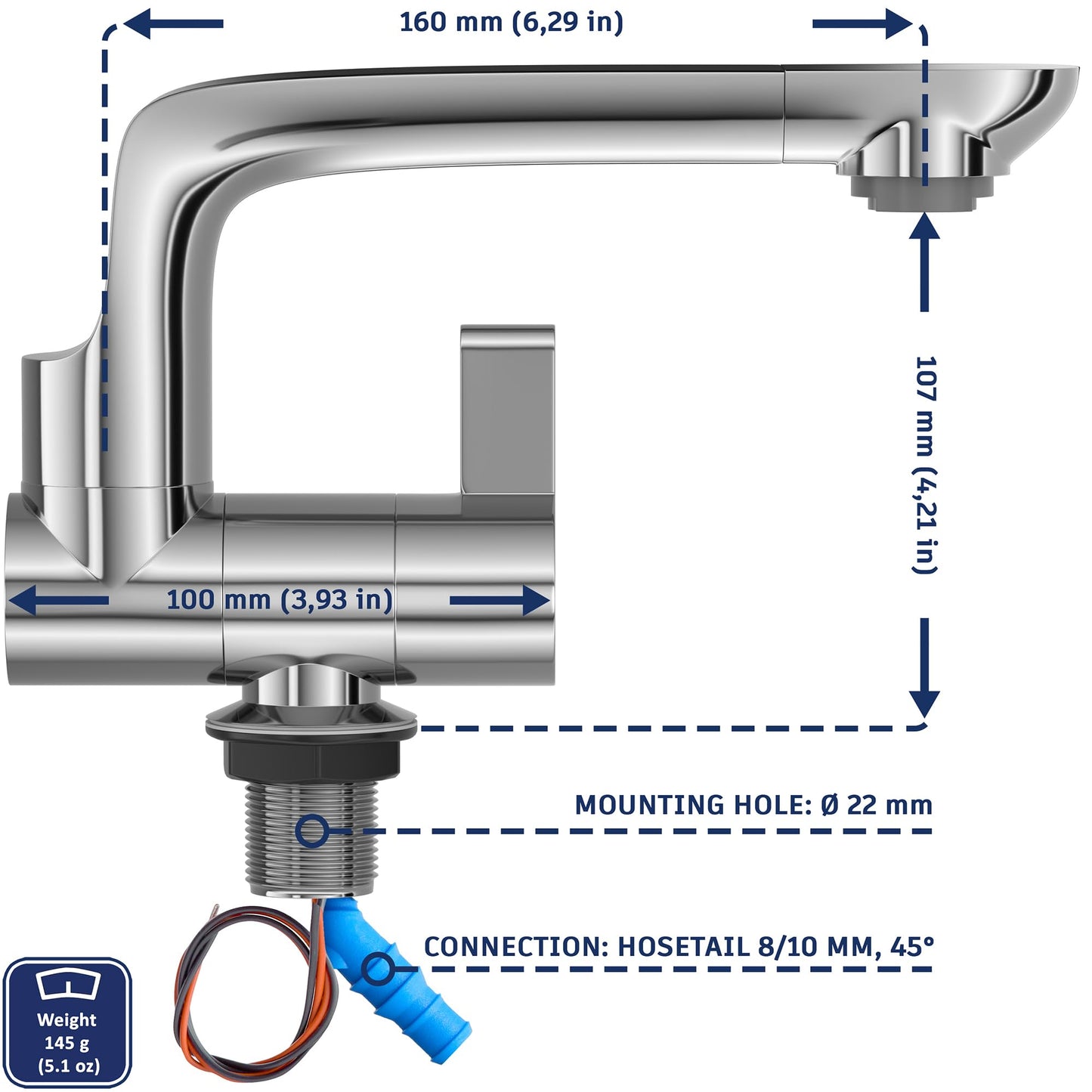 Bazpo 12V Faucet with Switch – German Made 1.5 BAR | Cold Water RV Sink Electric Faucet 360° Swivel Spout, 6A | for Camper Vans, Trailers, Marine Use | Single Hole – 12V Pump Compatible (Chrome)