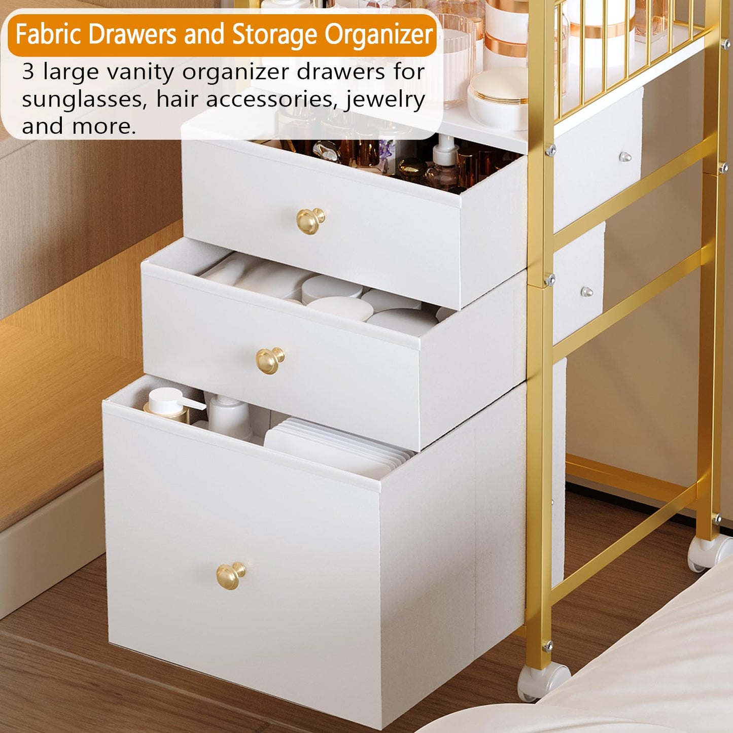 ZQUYAJ Makeup Cart Organizer with Mirror, Floor Makeup Organizer Large- Make Up Organizers Vanity Cart Cosmetic Display Cases Holder for Skin Care Perfume Nail Polish Brush Hair Tool (Gold)