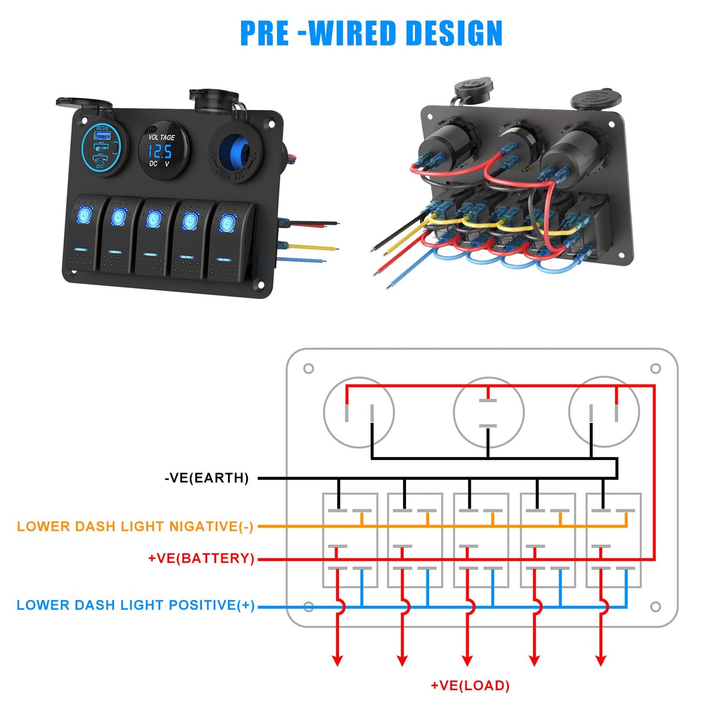 Marine Boat Switch Panel Waterproof, 5 Gang Marine Rocker Switch Aluminum Panel with 3 Port 66W 12V USB Outlet Car Charger, 150W Cigarette Lighter Socket and Blue LED Voltmeter for Truck Car RV, etc.