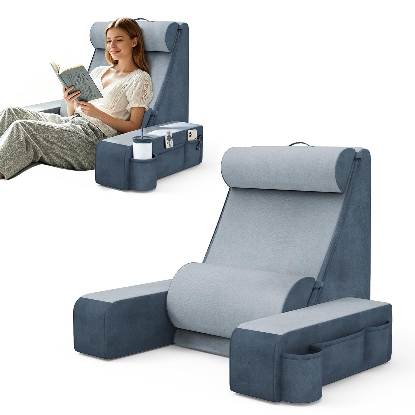 Reading Pillow, Back Pillow for Bed with Adjustable Headrest & Independent Lumbar Support, Detachable Armrest Sit Up Pillow for Bed, Dual Side Storage Pockets for Reading Gaming Nurs Sofa (Basic)