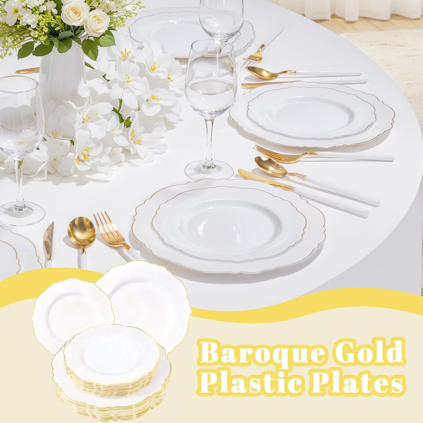 WDF 60pcs White and Gold Plastic Plates - Baroque White With Gold of 30 Heavy Duty Gold dinner plates 10.25inch, 30 Salad Plates 7.5inch