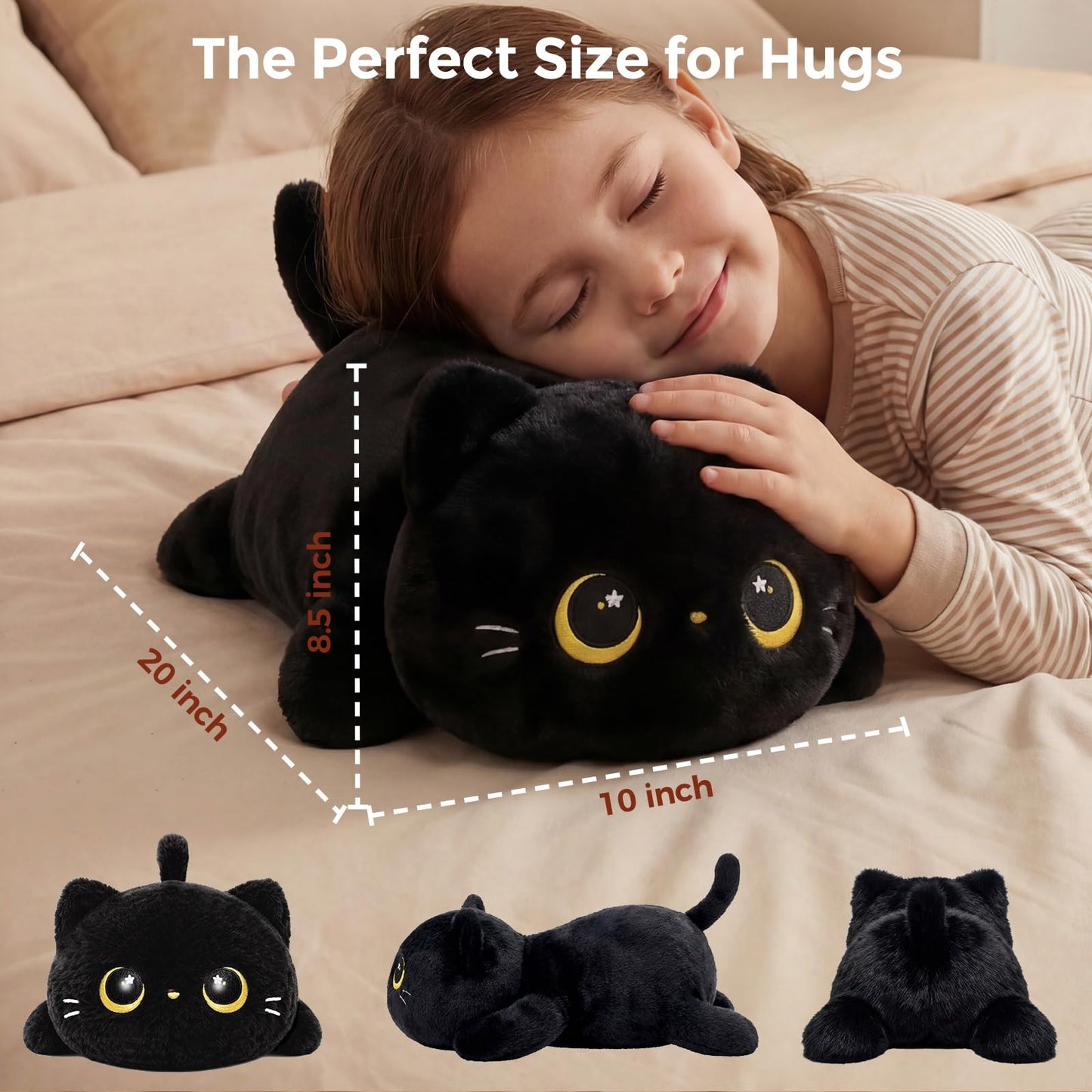 Cute Black Cat Plush Pillow, Kawaii Plushies Black Cat Stuffed Animals, Squishy Plushies, Cuddle Plush Pillow for Kids & Girls (20 Inch)
