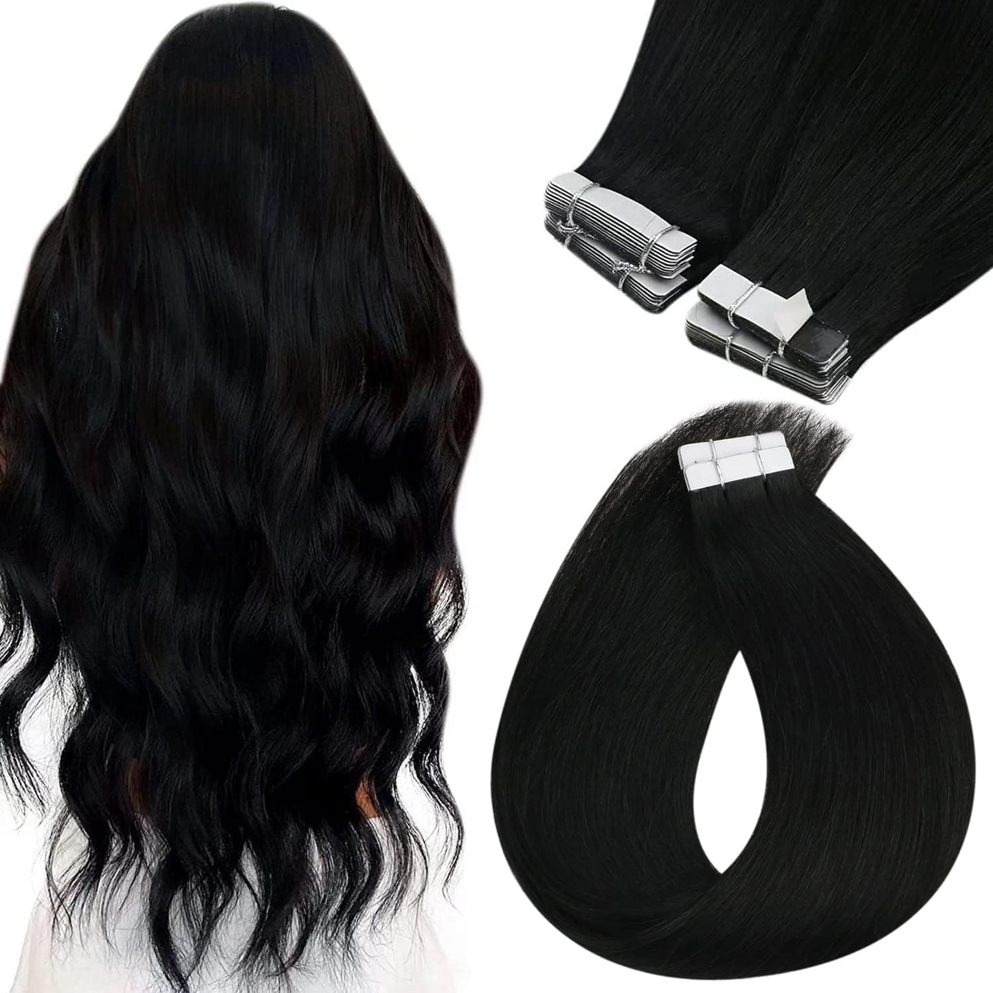 Sunny Hair Black Hair Extensions 24 Inch Tape in Hair Extensions Invisible Tape in Hair Extensions Human Hair Jet Black Invisible Tape ins Human Hair Black Tape in Extensions for Women 50g 20pcs