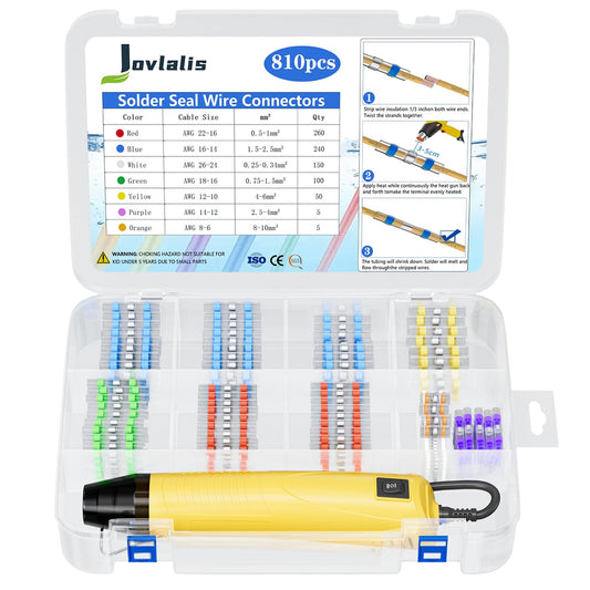 810 PCS Solder Seal Wire Connectors with Heat Gun, Self Soldering Heat Shrink Butt Connector, Waterproof Insulated Electrical Terminals Ideal for Marine, Automotive, Boat, and Truck Wiring