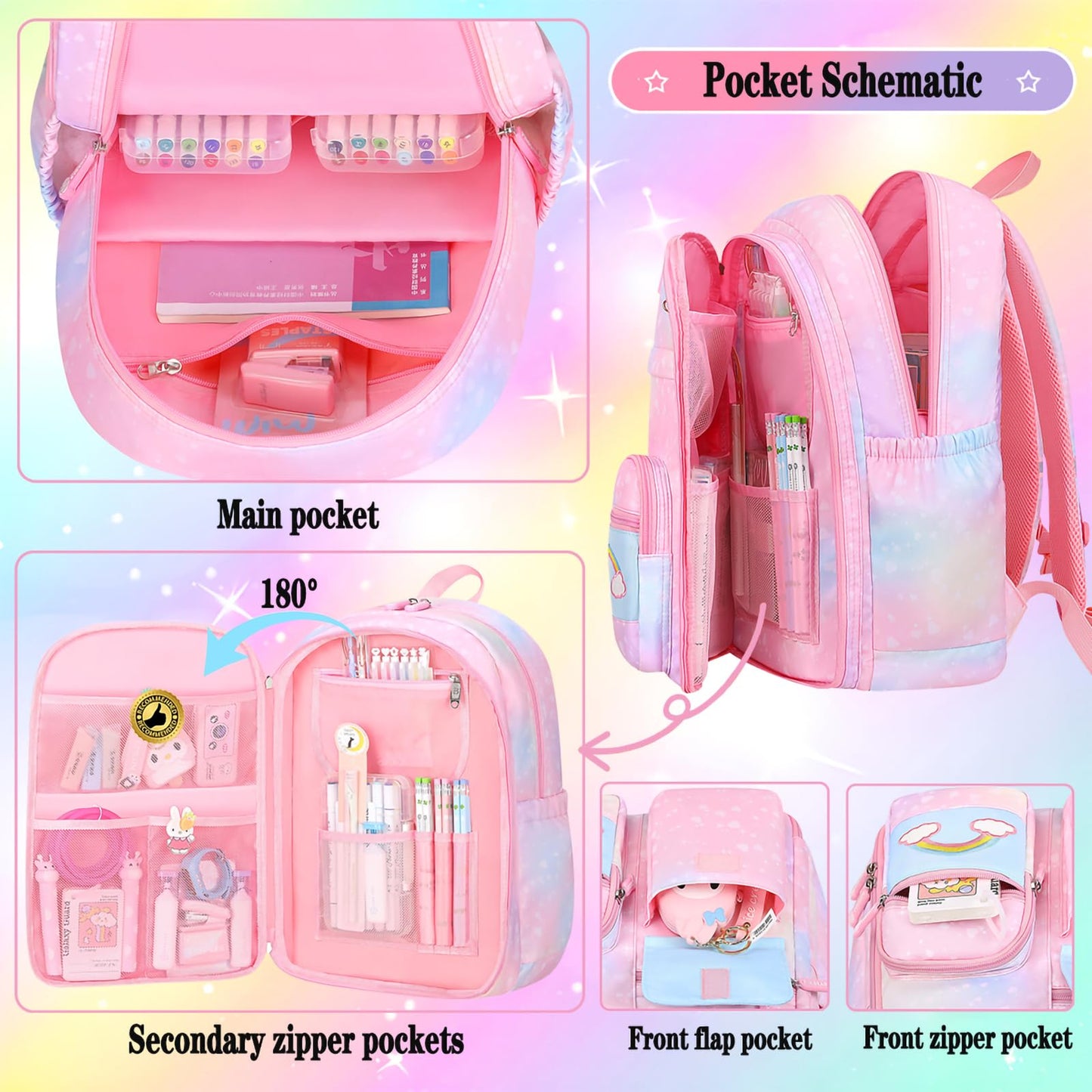 Jcobvig Rainbow Backpack For Girls Kids,Cute Student School Backpack With Pen Bag,Pink Aesthetic Starry Rainbow Laptop Travel Bag (Pink Medium 16.5in