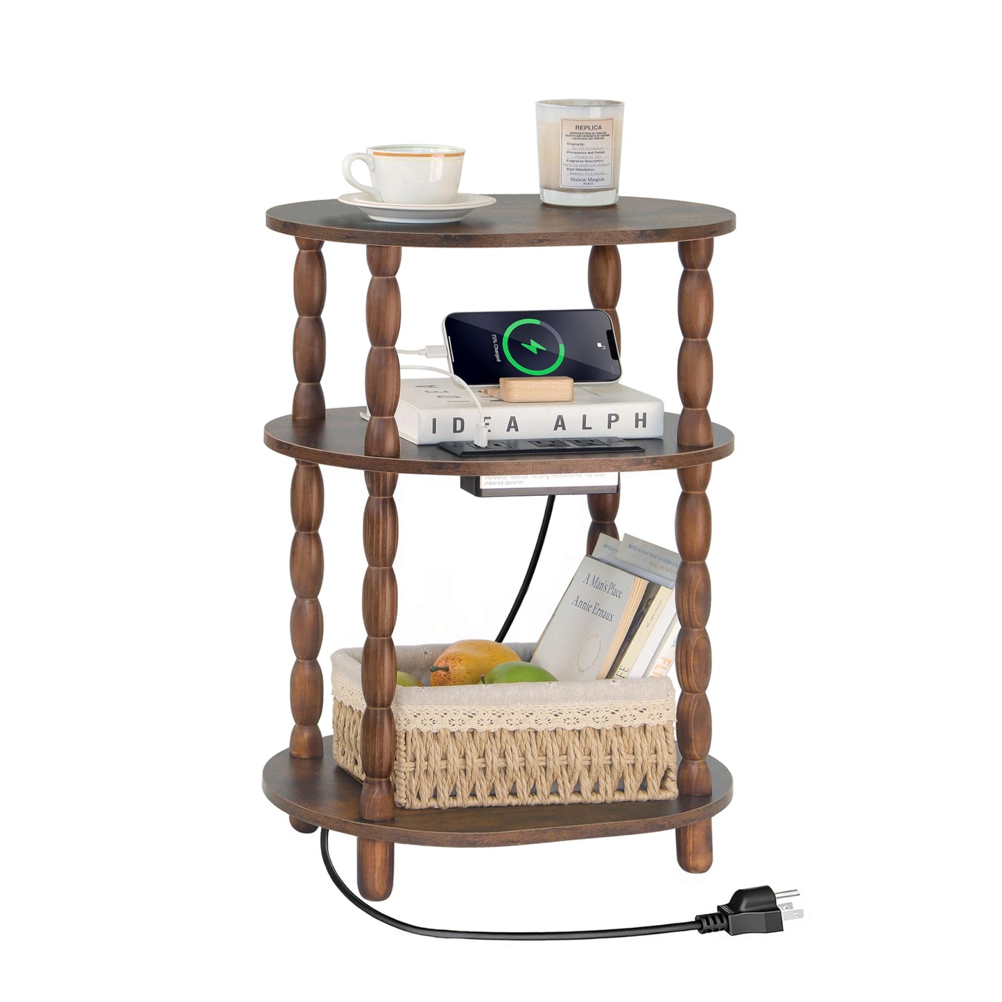 MaxSmeo Side Table with Charging Station, 3-Tier Small End Table with USB Ports and Outlets, Modern Oval Night Stand Accent Table for Living Room, Bedroom, Rustic Brown