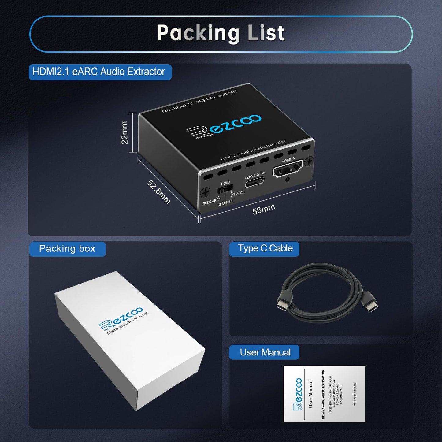 4K@120Hz HDMI 2.1 eARC Audio Extractor 1 in 1 Out Support VRR ALLM HDCP2.3 ARC eARC HDR CEC SPDlF Optical Audio Out Digital EDID for PS5 Xbox NVIDIA AMD