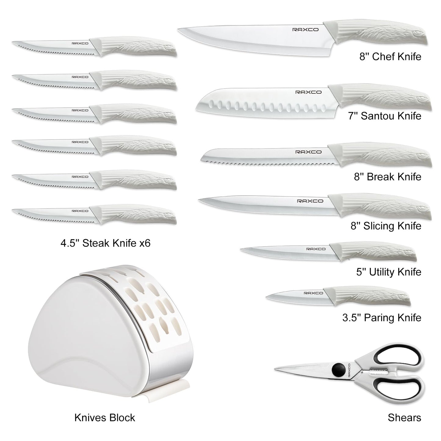 RAXCO 12-Piece Kitchen Knife Set with Block, White
