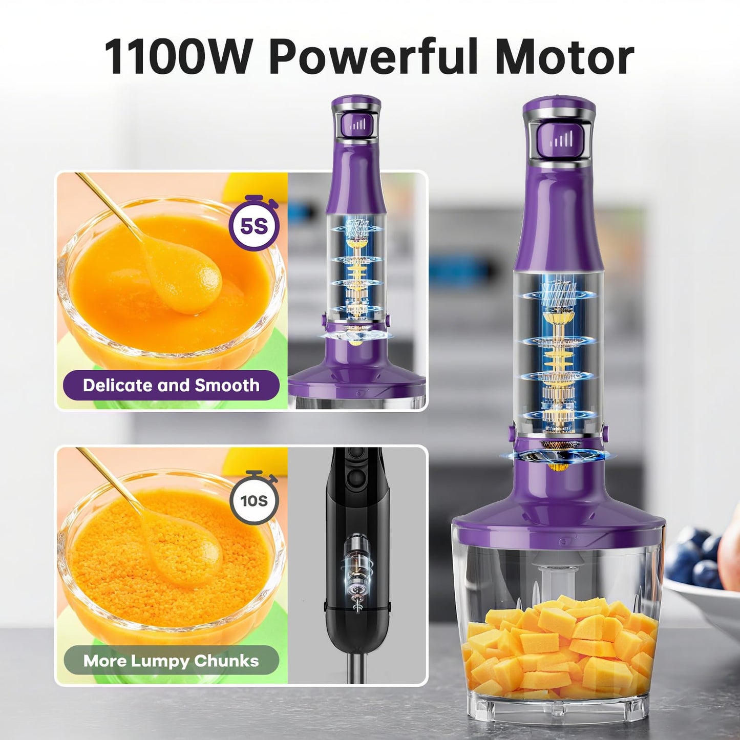 Turelar Immersion Blender Handheld Corded Hand Blenders Set 1100W, Trigger Variable Speed 5 in 1 Stick Emulsifier with Chopper, Whisk and Frother for Soup, Baby Food and Smoothies, Purple