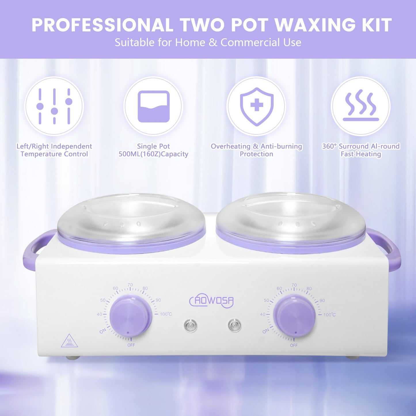 Professional Waxing Kit Wax Warmer Double Pot Wax Heater Machine for Hair Removal, Large Wax Pot for Spa Salon Beauty Esthetician Home, with Non-Stick Easy Clean Pot, 50 Wax Sticks & 20 Collar