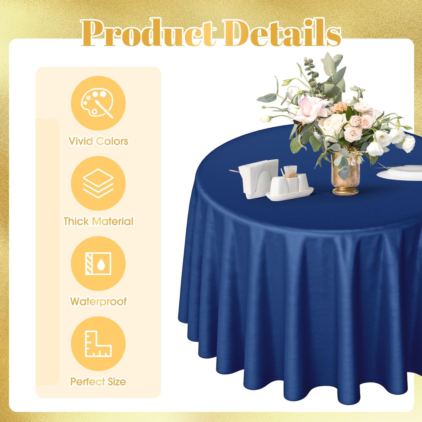 Buryeah 12 Pcs 84 Inch Navy Blue and Gold Round Plastic Disposable Table Cloth Waterproof Tablecloth Circle Table Covers for Passover Graduation Bridal Wedding Birthday Party Gender Reveal Baby Shower