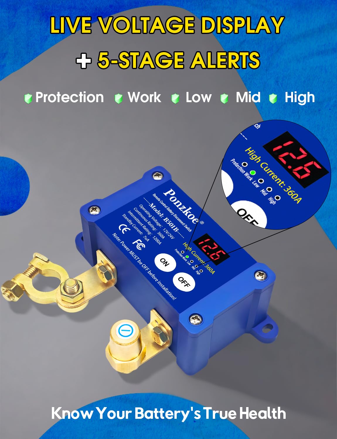 360A Remote Car Battery Disconnect Switch with LED Voltage Display - 12V 24V Kill Switch for Marine Boat RV Truck Vehicles ATV, Heavy Duty Anti-Theft Power Cutoff & ON/Off Isolator(Negative Terminal)