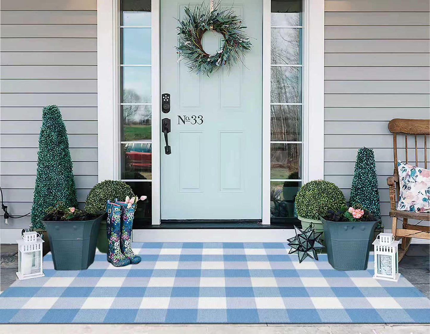 Buffalo Plaid Rug 3'x 5' Light Blue and White Checkered Porch Rug Cotton Woven Washable Layering Door Mat for Welcome Door Mat Porch Entryway Bedroom Living Room