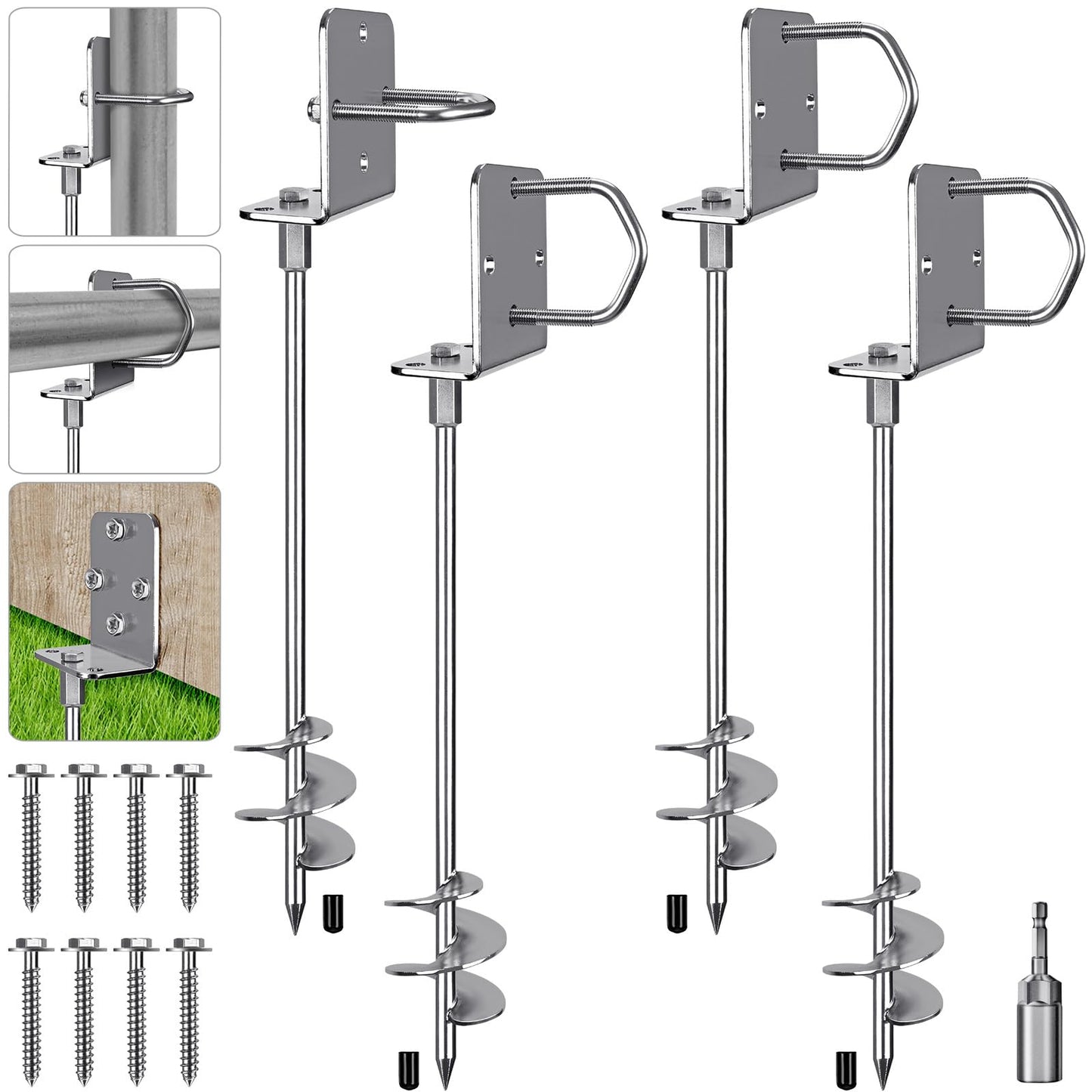 Lifeswell 30" Heavy Duty Screw in Ground Anchors Kit, 3" Spiral Windproof Earth Anchors for Trampoline, Shed, Swing Set & Mobile Home, Fully Welded Steel with Nut Driver Drill Bit (Set of 4)