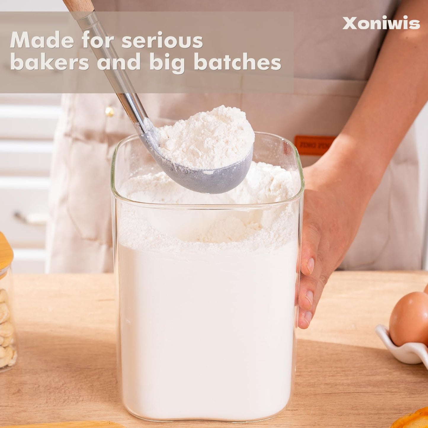 Xoniwis 2-Pack 4.6Qt Large Glass Flour Sugar Storage Containers with Bamboo Lids, Wide-Mouth Food Jars with Measuring Cups for Baking, Gallon Glass Storage Pantry Jars for Sugar, Flour, Rice, Oats