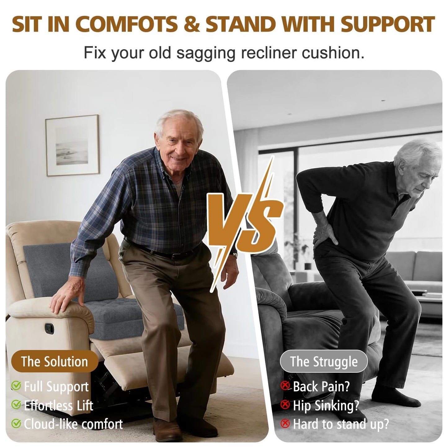 TANYOO Recliner Cushion for Elderly with Lumbar Support Pillow - 20x20x5 Inch Extra Thick Recliner Seat Cushion for Seniors Relief Back Pain and Tailbone Pain from Long Sitting Non-Slip Bottom