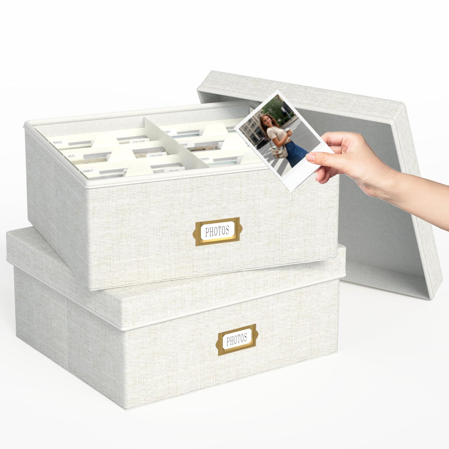 Decorative Photo Storage Box - 2 Pack Linen Photo Box Organizer with Dividers, Fits Holds Up to 1700 Pictures and 4x6 Photos, Memory Keepsake Organizer for Scrapbook Supplies, Cards, Stamps (Beige)