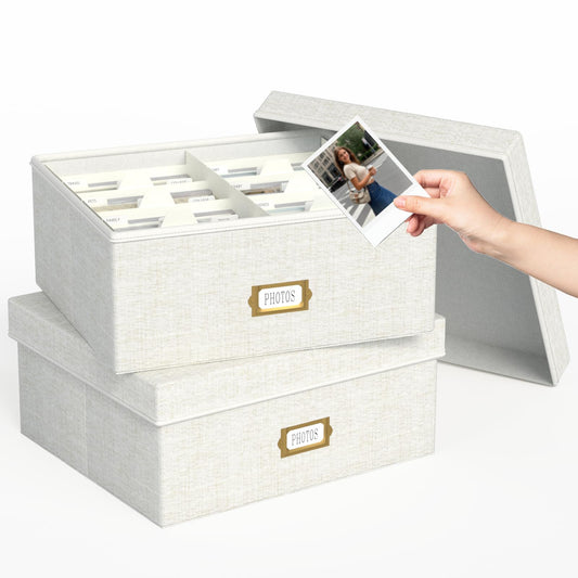 Decorative Photo Storage Box - 2 Pack Linen Photo Box Organizer with Dividers, Fits Holds Up to 1700 Pictures and 4x6 Photos, Memory Keepsake Organizer for Scrapbook Supplies, Cards, Stamps (Beige)