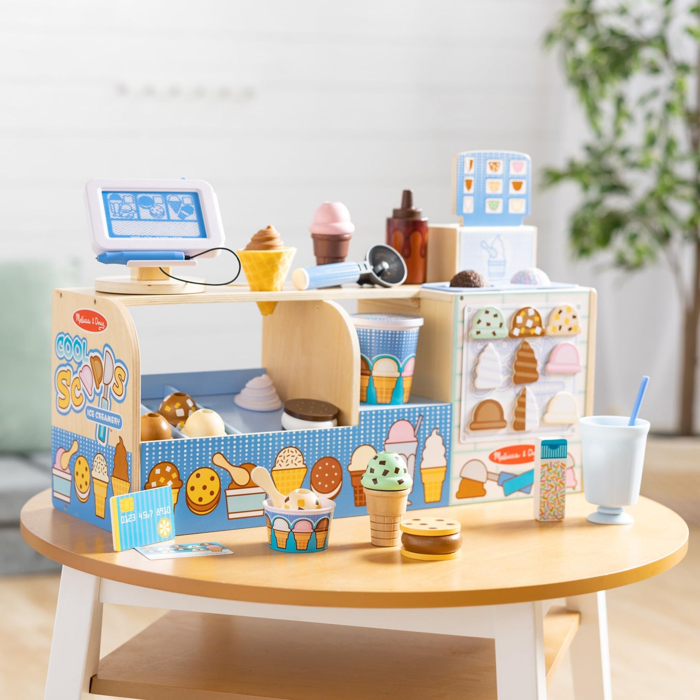 Melissa & Doug Cool Scoops Ice Creamery Wooden Counter with Play Food Preschool Toy - FSC CertifiedWooden Pretend Play Frozen Treats for Toddlers, Preschoolers, Boys and Girls