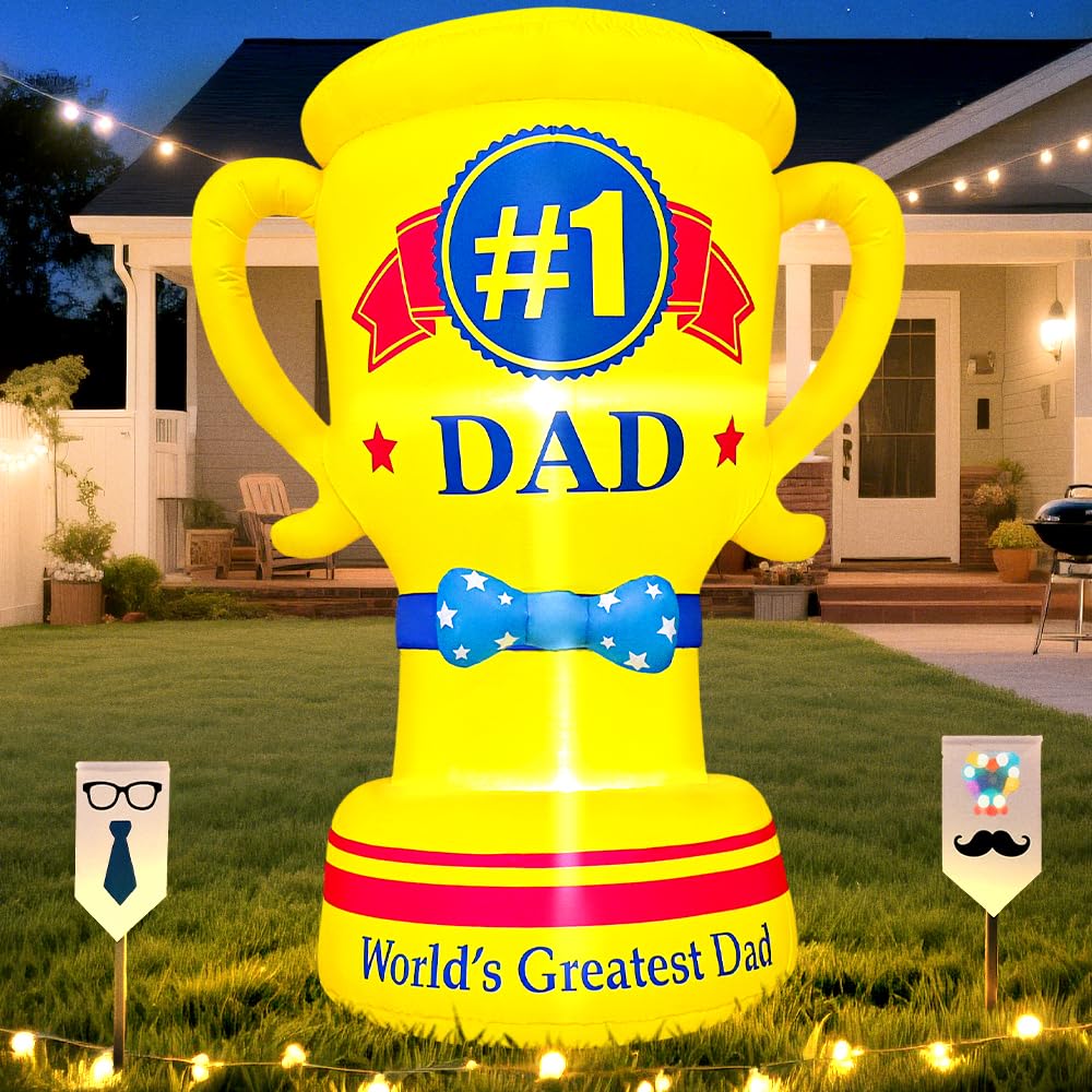 KOOY 5FT Fathers Day Inflatable Outdoor Decoration, Built in LED Lights Fathers Day Balloons Blow Up Father's Day Trophy for Holiday Party, Indoor, Outdoor, Garden, Yard Lawn Decor
