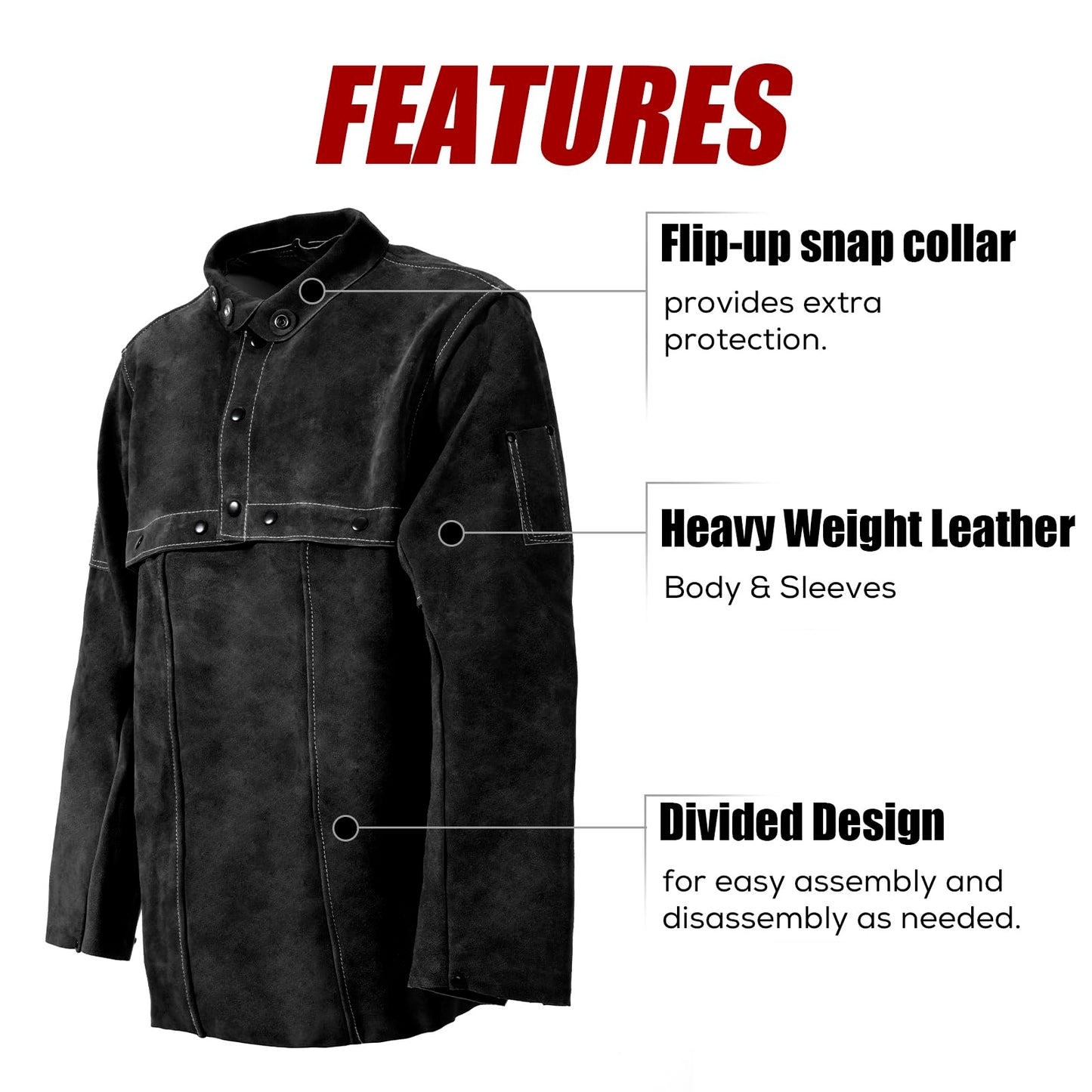 LeaSeek Leather Welding Jacket, Flame-Resistant Heavy Duty Split Cowhide Leather Open Back Welder Jacket for Men & Women