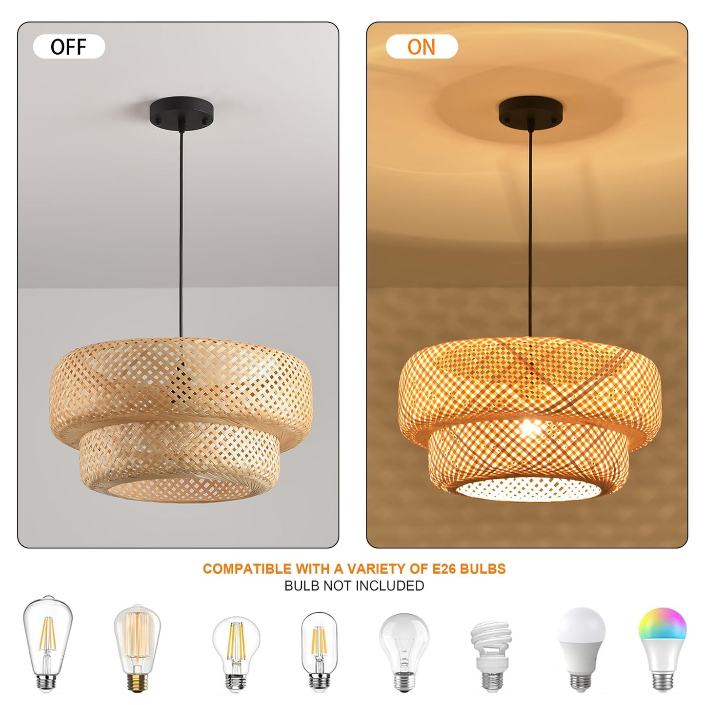 HUAHENGHAO 18.12 Inch Boho Bamboo Chandelier Hand Woven Dining Room Lights Wicker Hanging Lighting Fixtures for Living Room Kitchen Bedroom Coffee Restaurant Hallway