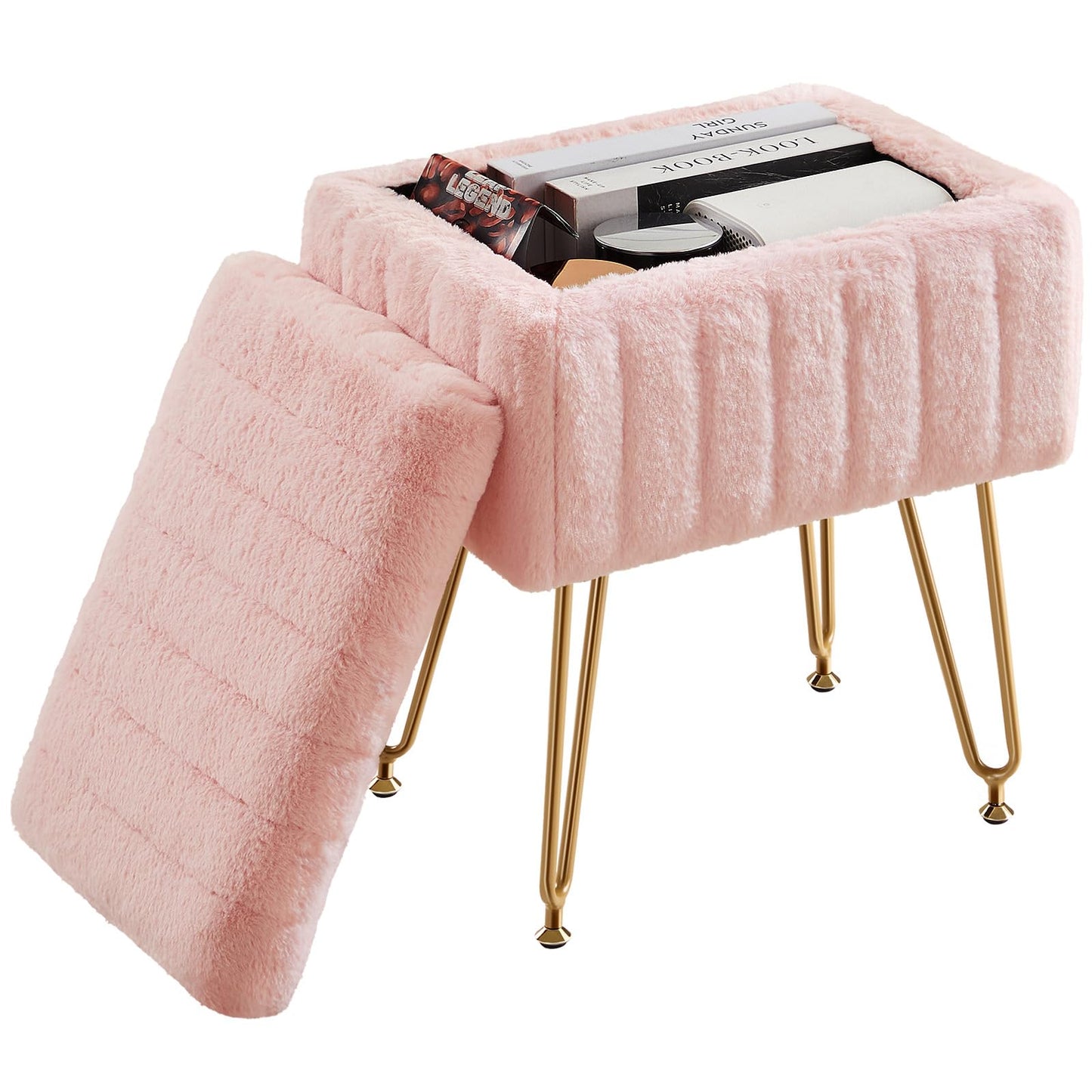 Sweetcrispy Vanity Stool Chair with Storage, 18.9”H x 16”L x 12.2”W Ottoman Chair Faux Fur Soft Padded Makeup Footstools Seat with 4 Metal Legs Anti-Slip Adjustable Feet for Make Up, Pink
