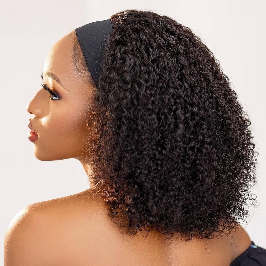 Headband Wig Human Hair Kinky Curly Headband Wig Human Hair None Lace Front 150% Density Brazilian Virgin Human Hair Headband Wigs for Black Women Natural Color (Headband Wig, 18inch)