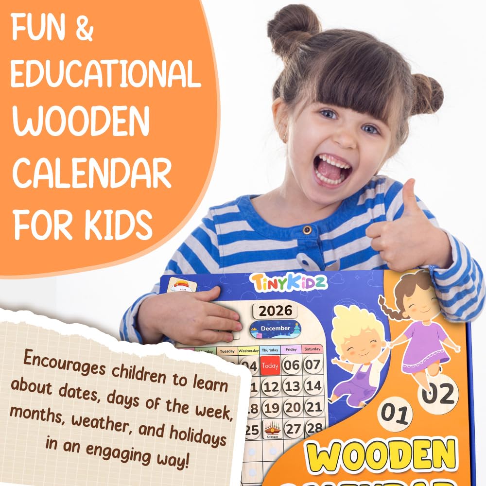TinyKidz Wooden Calendar for Kids, Preschool Toddler Calendar Learning at Home and Classroom Teaching, Hanging Calendars for Kids, Months and Days of The Year