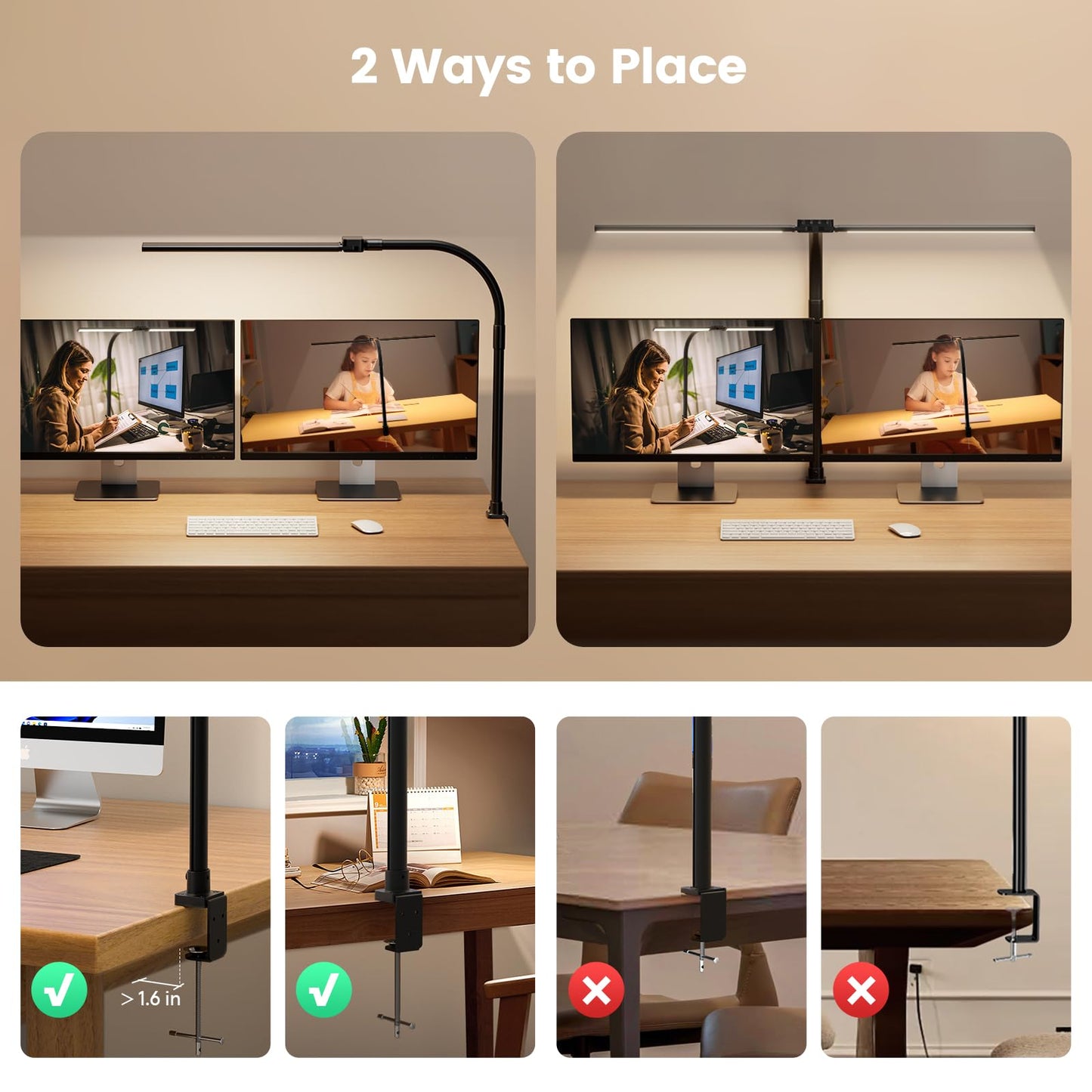 SIBRILLE LED Desk Lamp for Home Office - Dimmable Computer Desk Light with Clamp, Modern Architect Task Lamp with Color Changing, Flexible Desktop Lamp with Gooseneck for Monitor, Double Head, Black