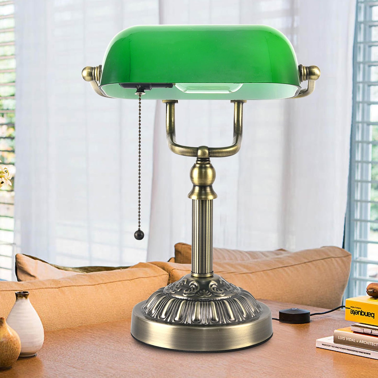 Rizzyluz Bankers Desk Lamp with USB-A Charging Port, Vintage Desk Lamps with Pull Chain Green Glass, Antique Brass Banker's Lamp for Home Office Library