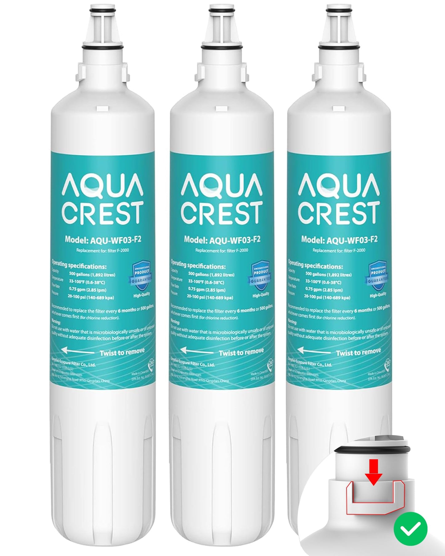 AQUA CREST F-2000, 4204490 Sub Zero Water Filter Replacement for InSinkErator® F-1000, F-2000, F-3000, Sub-Zero 4204490, 4290510 and AquaPure AP Easy C-Complete, Subzero Filter, NSF/ANSI 42, 3 Packs