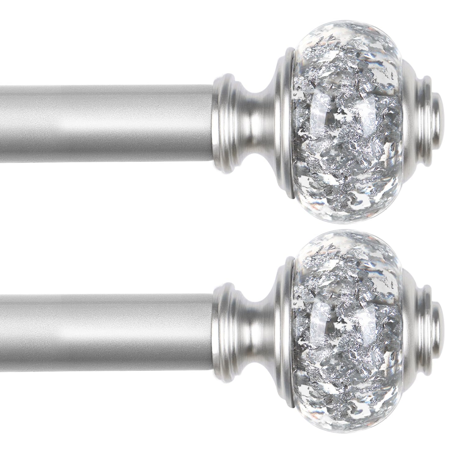 USFOOK 2 Pack Silver Curtain Rods for Windows 48 to 84 Inch, 7/8 inch Telescoping Splicing Drapery Rods 32 to 86 Inch, Decoration for Home with Decorative Translucent Finials