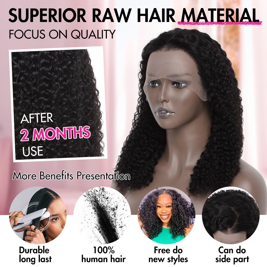 200% Density Mongolian Curly Human Hair Wigs 13X4 HD Lace Front Wigs Wear and Go Glueless Wigs Human Hair Pre Plucked with Baby Hair Unprocessed Virgin Hair Natural Black Color Curly Wig 16Inch