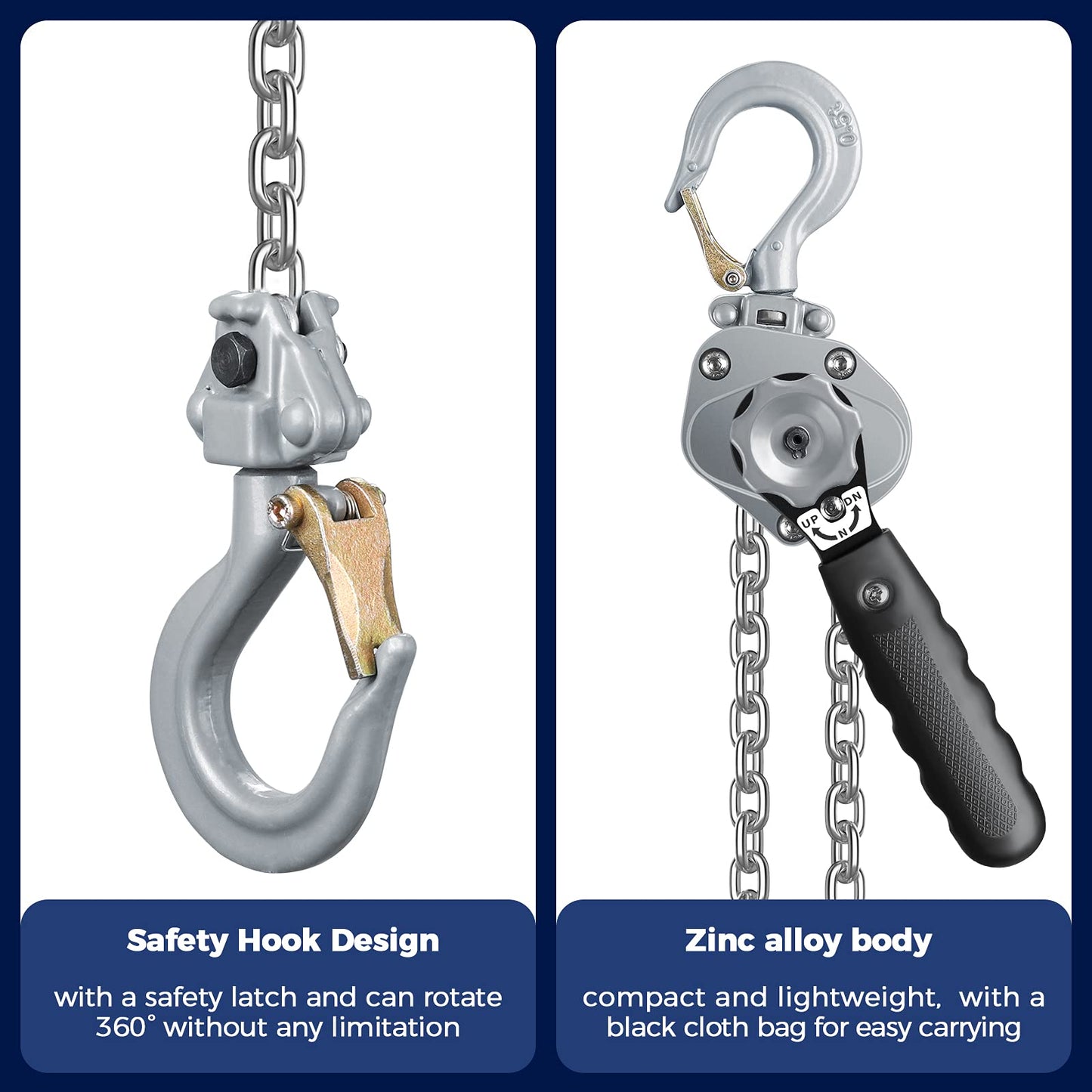 Anbull Mini Lever Chain Hoist 1100LBS/0.5T, Manual Hoist 10 FT/3M, Mini Puller Come Along G80 Chain W/Storage Bag, Aluminum Alloy Material Weighs 6.6Pounds, for Garages Warehouse Automotive Machinery