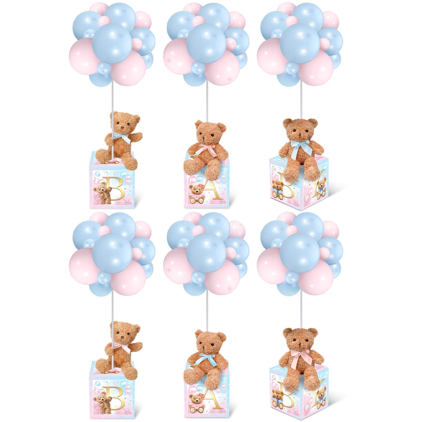 Lenwen - Set of 6 Blue Pink Bear Baby Shower Decorations for Gender Reveal Letter Boxes Baby Shower Table Centerpieces Stuffed Animal Balloons with Stand, Boxes