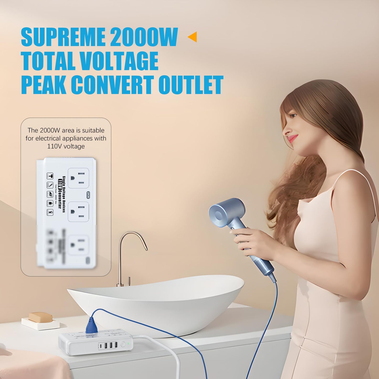 220v to 110v Travel Voltage Converter: International Universal Voltage Converter US to Europe Power Strip Plug Transformer - 2000W Electric Hair Dryer Step Down Outlet Converters for European UK EU