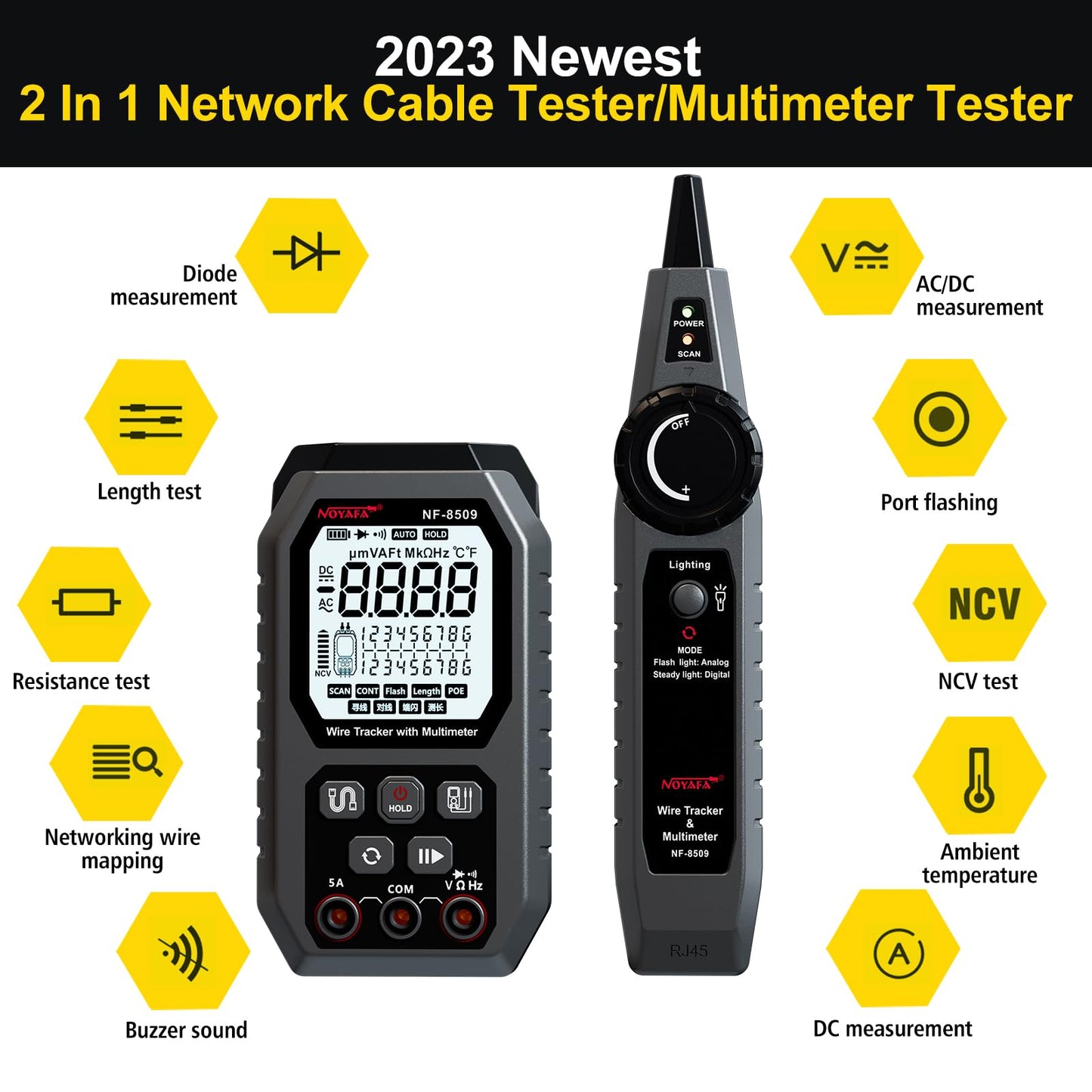 NOYAFA Network Cable Tester with Multimeter Tester, RJ45 CAT5 CAT6 Ethernet Cable Tester Port Flashing, NCV Anti-Burn AC DC Voltmeter POE Tester, Anti-Jamming TDR Network Tester Cable Toner