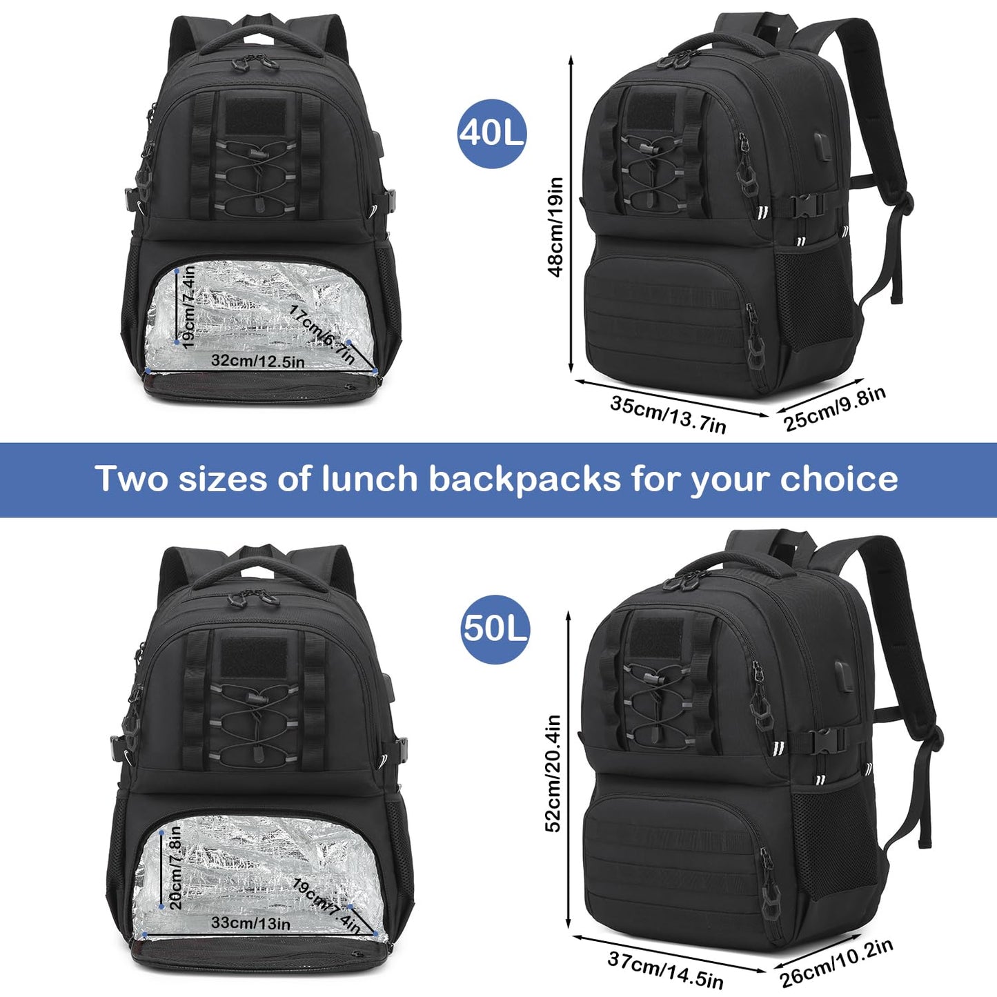 BISKLNDN Laptop Lunch Backpack for Men - 40L Large Capacity Work Lunch Box Backpack with Lunch Compartment and USB Post, RFID Insulated Cooler Backpack for Work, Travel, Picnic, Black