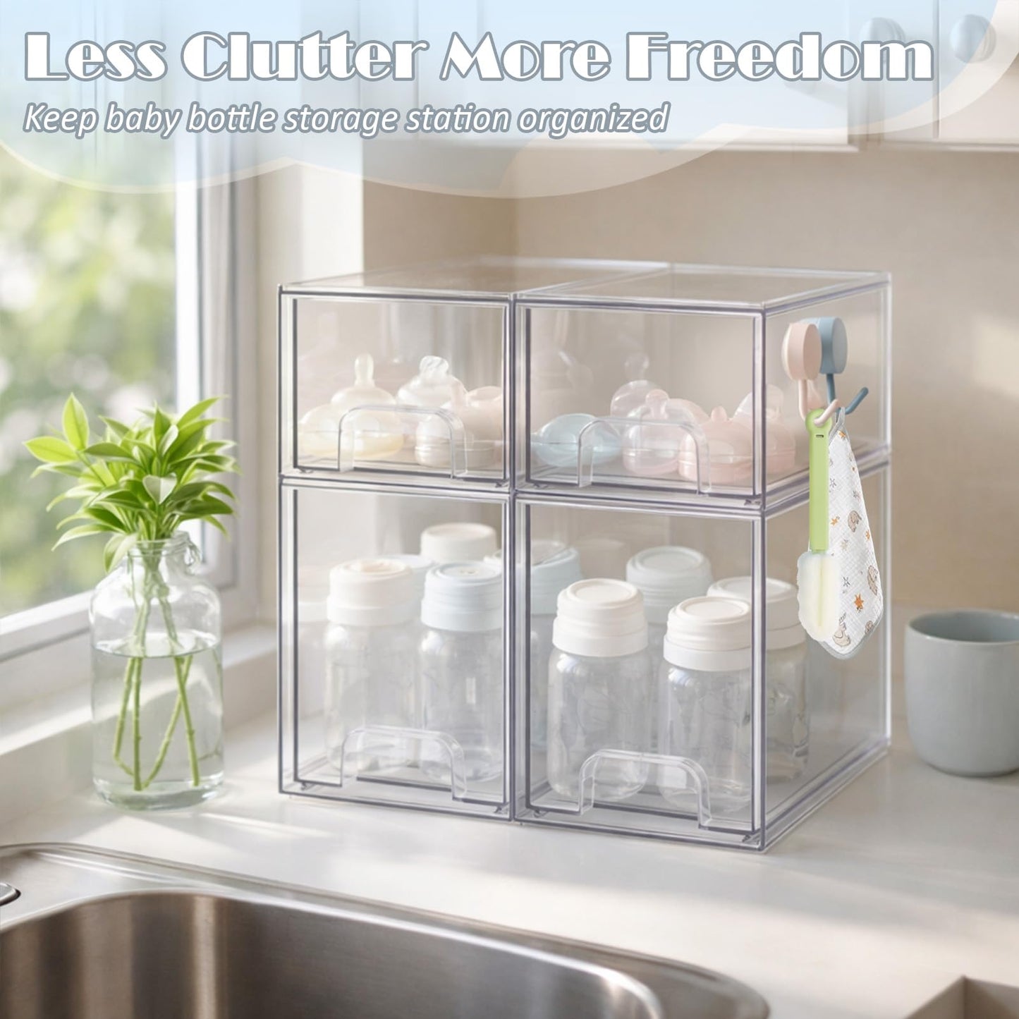 zebrater Baby Bottle Organizer-4 Pack Stackable Storage Drawers, Baby Organizers and Storage with Hooks, Clear Acrylic Multipurpose Bottle Storage for Countertop,Kitchen,Cabinet,Vanity,Bathroom