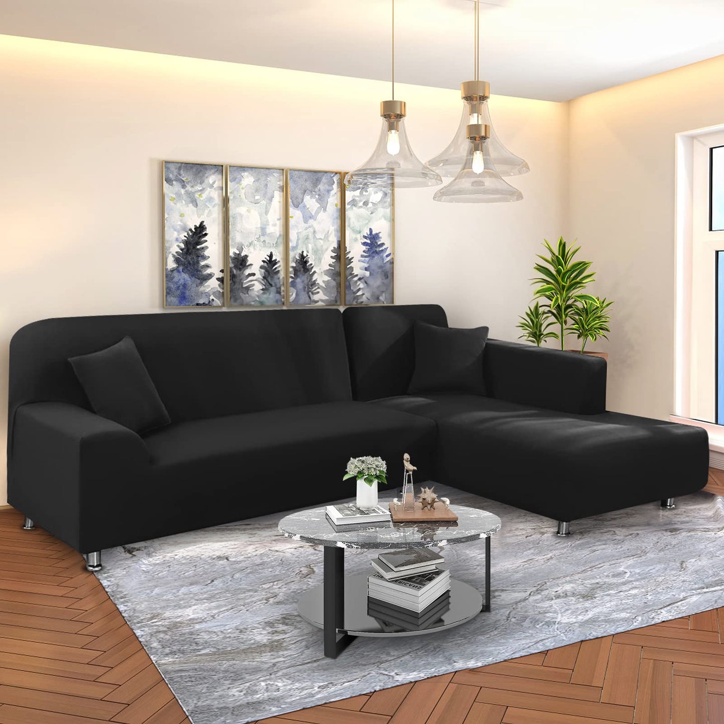 NAISI Couch Cover L Shape 2 Pieces Sofa Cover Soft Stretch Slipcovers with 2pcs Pillowcases Furniture Protector Sectional Couch Covers 3 Seater + 3 Seater(Black)