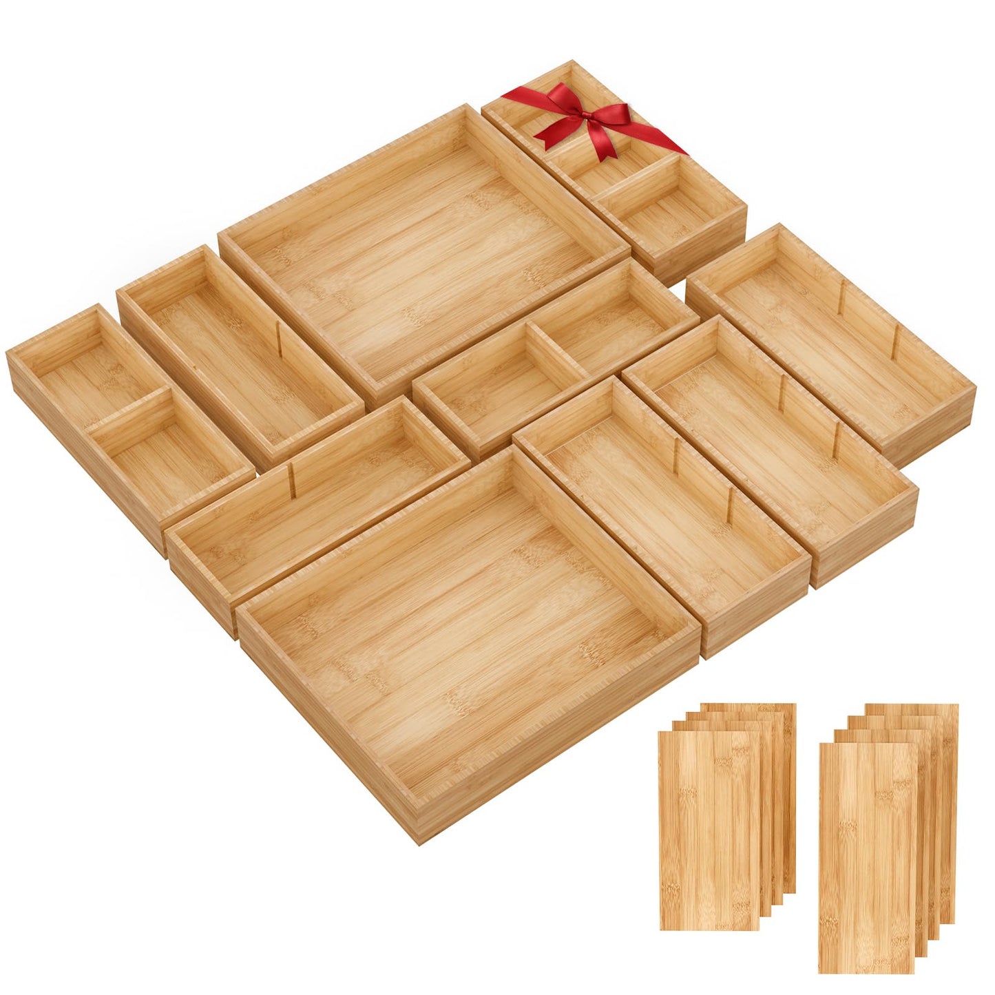 SpaceWhisper Bamboo Drawer Organizer, 10-Piece Drawer Divider with Removable Dividers for Organization and Storage, Multi-Use Stackable Storage Box & Utensil Holder for Kitchen, Office, Makeup & More