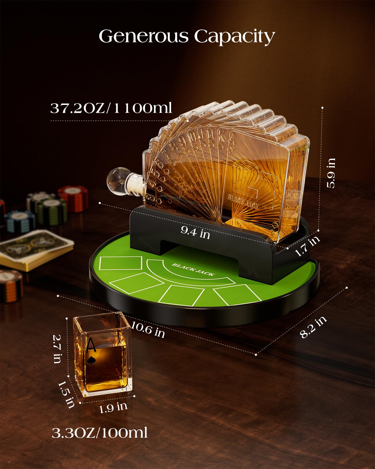 Kollea Blackjack Whiskey Decanter Set, 37.2 Oz Whiskey Decanter with 4 Glasses, Casino Style Decanter for Liquor, Funny Christmas Birthday Gifts for Men Dad, Him, Poker Blackjack Game Night Essentials
