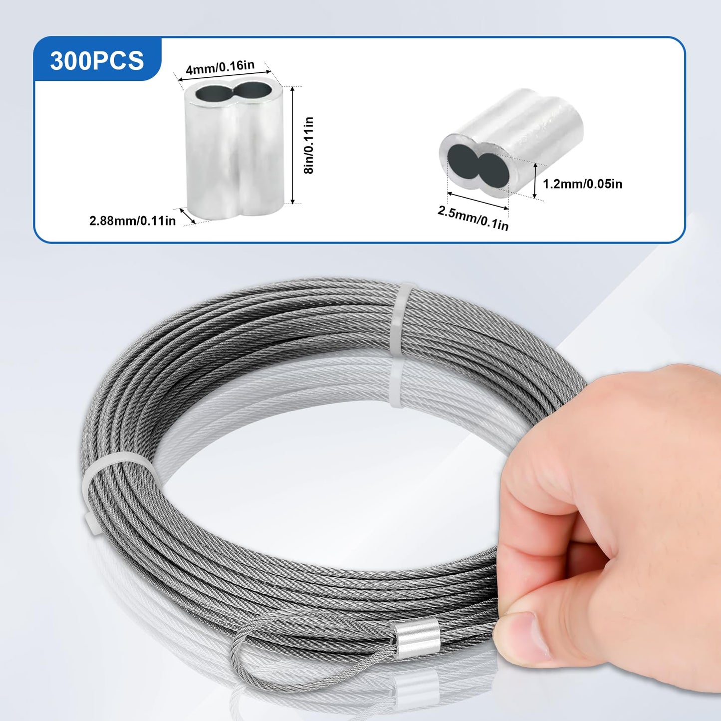 3/32 in Stainless Steel Cable Wire Rope 1000ft, 7x7 Strands Stainless Steel Aircraft Cable, for Deck Railing, String Light Hanging, Marine Rigging, Garden Wire with 300 M2.5 Crimping Loops
