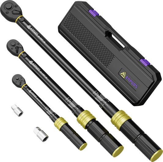 ANPUDS 1/4 3/8 1/2-inch Drive Torque Wrench, 5 Pcs Click Torque Wrench Set, 20-240in.lb, 10-110Ft.lb, 30-250Ft.lb with 2 Adapters, Dual-Direction, 72-Tooth, Dual Range Scales for Bike, Motorcycle, Car