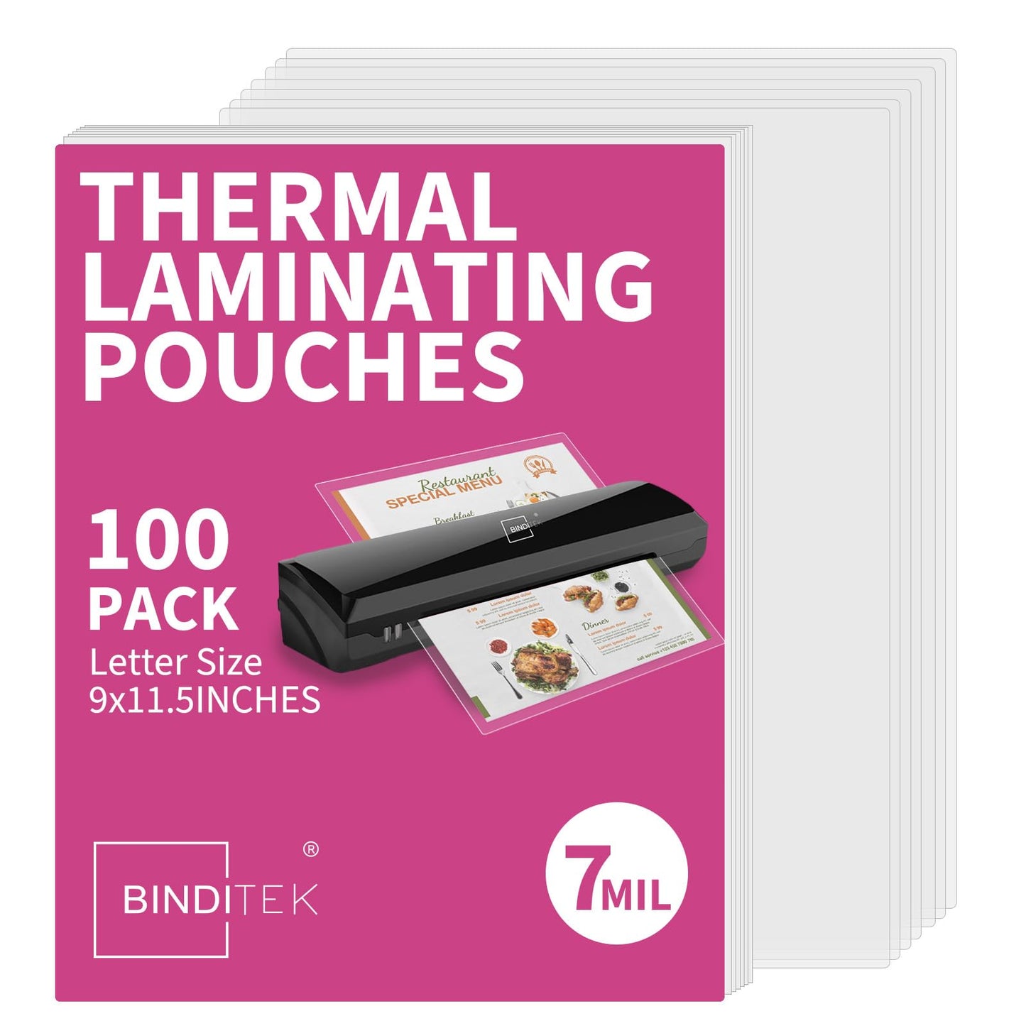 Binditek 100 Pack 7 Mil Thermal Laminating Pouches, 9x11.5 Inches Laminating Sheets, for Letter Size, Ultra Clear, Glossy, Hold 8.5x11 Inches, Heat Seal, School Office Supplies