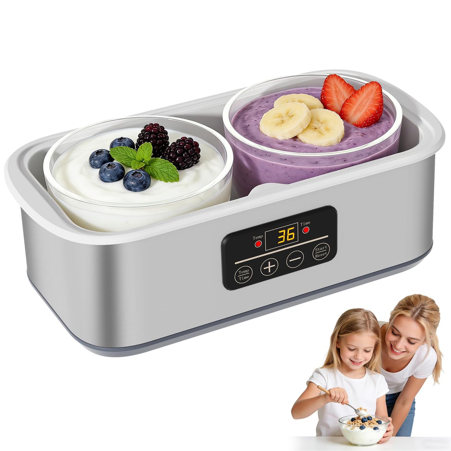 Yogurt Maker with Adjustable Time and Temp Control, Yogurt Maker Machine with Automatic Shut-Off & Constant Temper for Homemade Probiotic, Greek Yogurt, BPA-Free 2 Bowls 2 Quart (Grey)