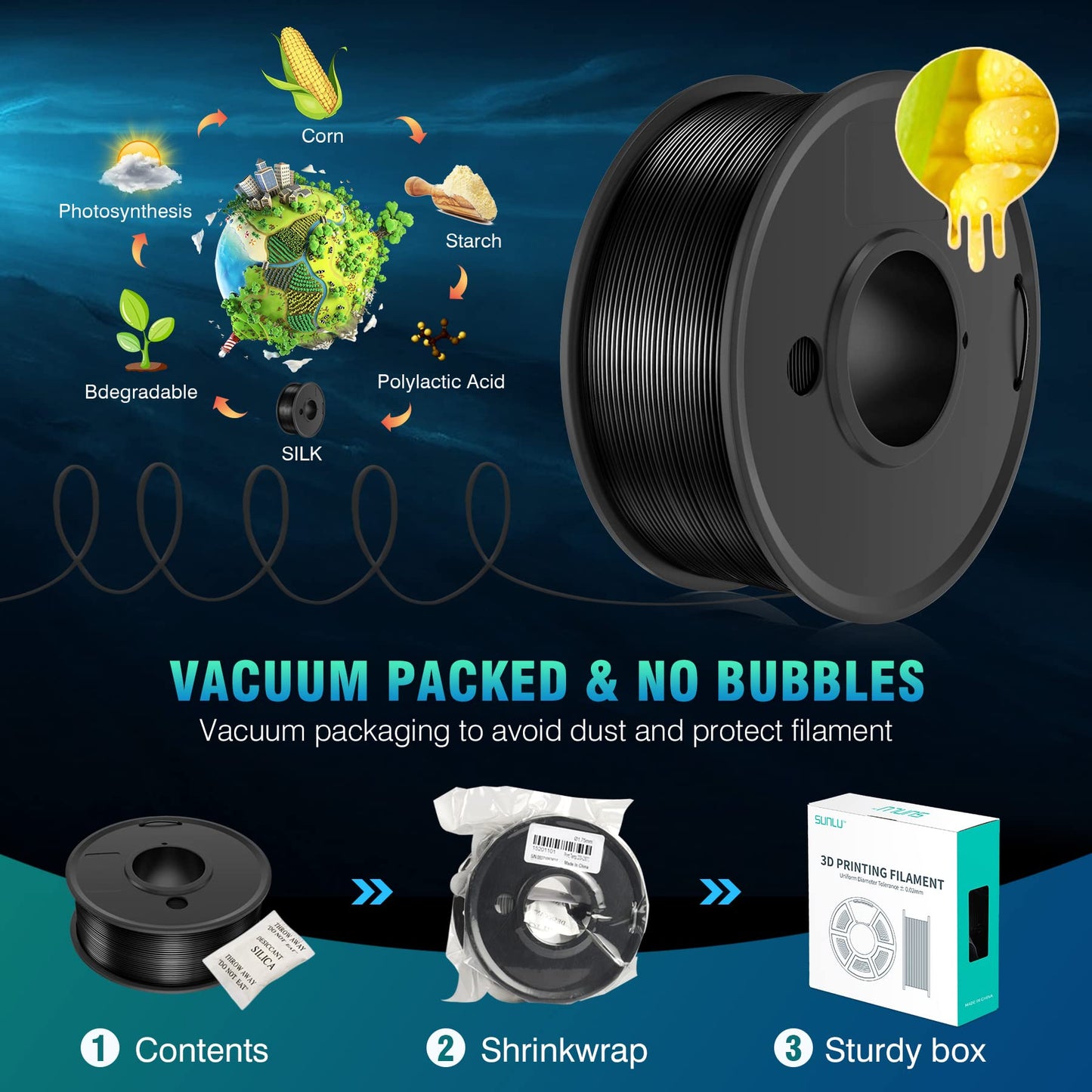 SUNLU 3D Printer Filament, 250G PLA Silk Filament Bundle, 1.75mm Smooth Silk Filament Muticolor, Neatly Wound Filament, 250G Spool, 8 Rolls, Black+White+Light Gold+Silver+Brass+Red Copper+Blue+Green