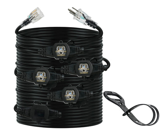 30FT 14 Gauge Multi Outlet Extension Cord, 5 Evenly Spaced Weatherproof Outlets, Great for Stage Backdrops, Landscape Garden Lighting，Christmas Decorations ETL
